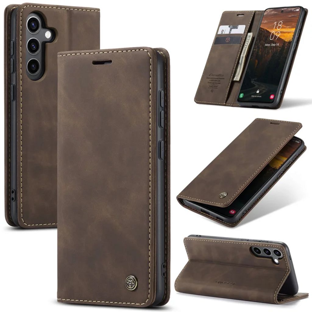 CASEME Samsung Galaxy S24 FE Matte leather imitation plånboksfodral – Dark brun