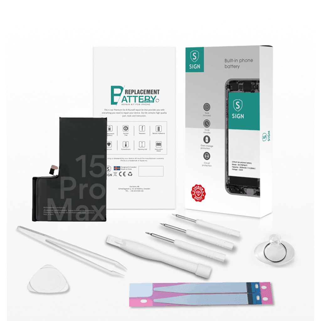 SiGN Complete batteri reservdel Kit – iPhone 15 Pro Max