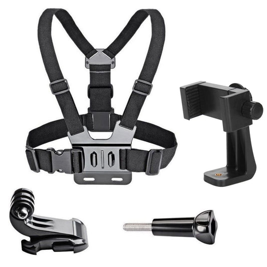 Adjustable harness for action camera + rotating phone stand