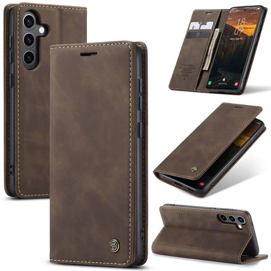 CASEME Samsung Galaxy S24 FE Matte leather imitation Wallet Cover - Dark brown