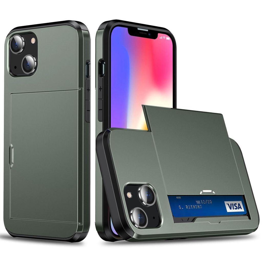 IPhone 14 Plus skal with slide card holder – Army grön