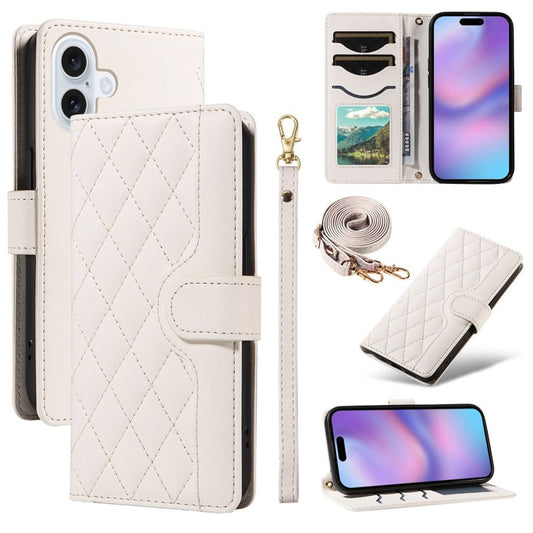 IPhone 17 plånboksfodral rhombus PU leather phone fodral med strap - vit