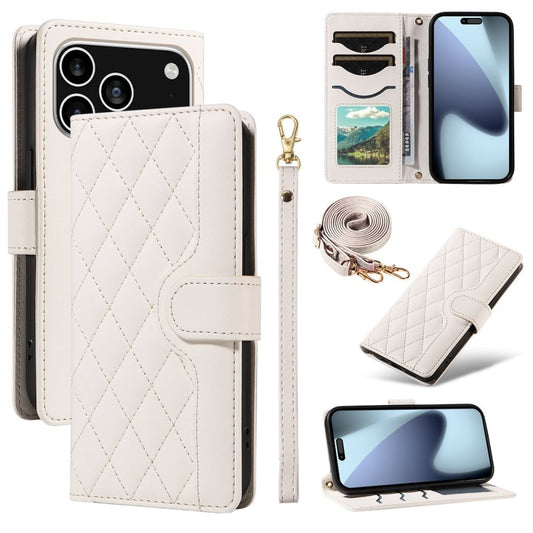 IPhone 17 Pro plånboksfodral rhombus PU leather med strap - vit
