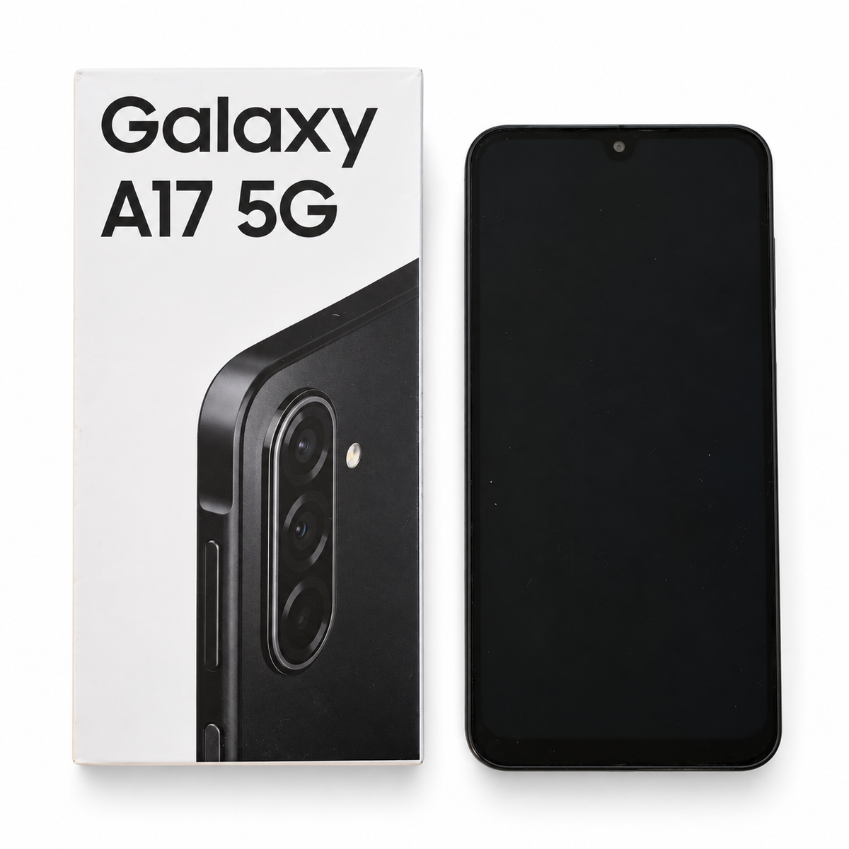 Svart begagnad Samsung Galaxy A17 5G med kartong på vit bakgrund